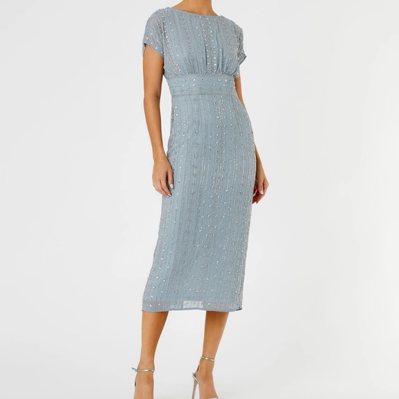 NTW Mac Duggal Size 6 Blue Beaded Empire Waist Column Midi Cocktail Dress 93649 - Picture 4 of 10